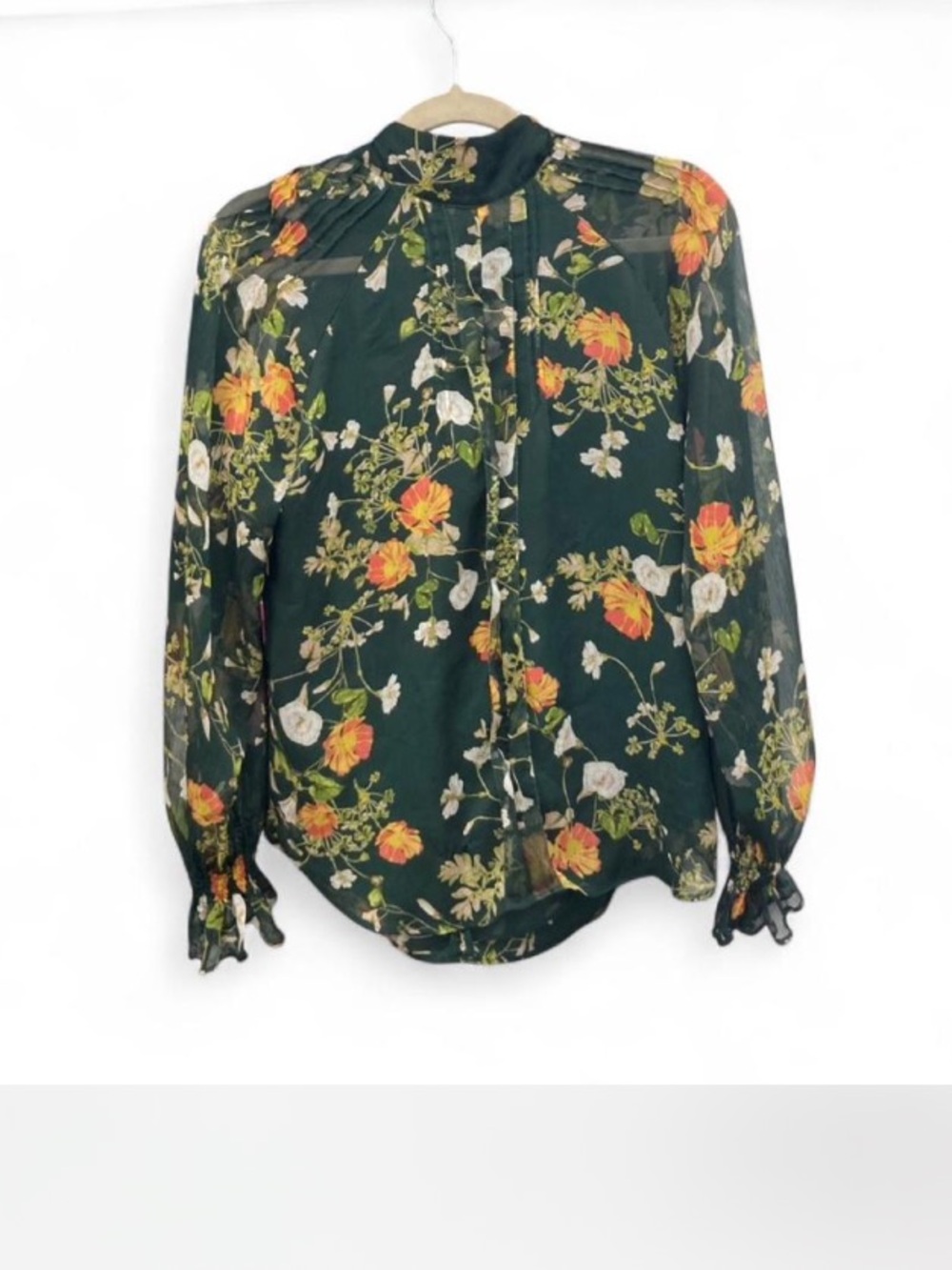 Floral Long-Sleeve Button-Up Blouse - Dark Green - Picture 1 of 8